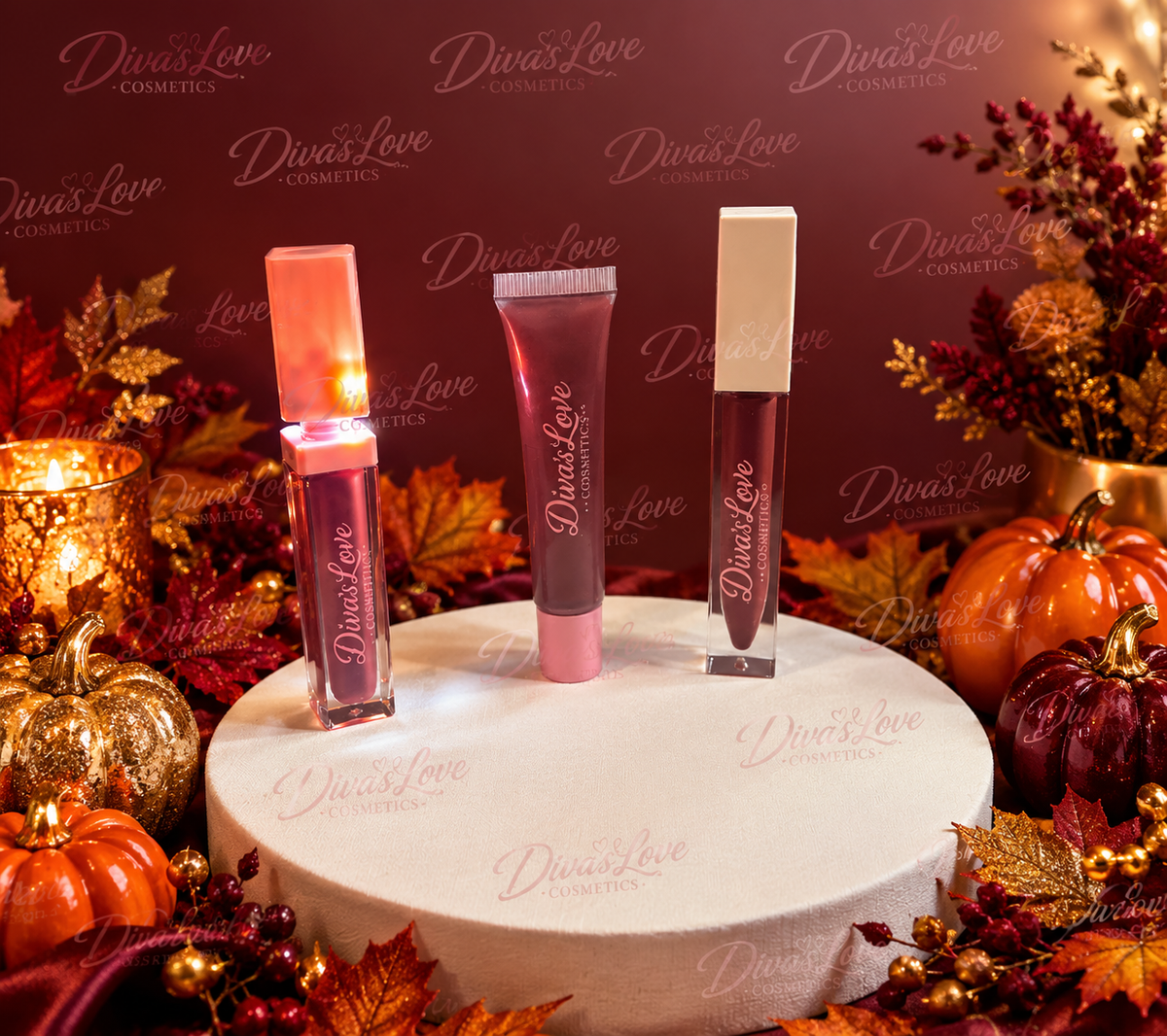 Three Diva's Love Cosmetics plum lip products in a fall display