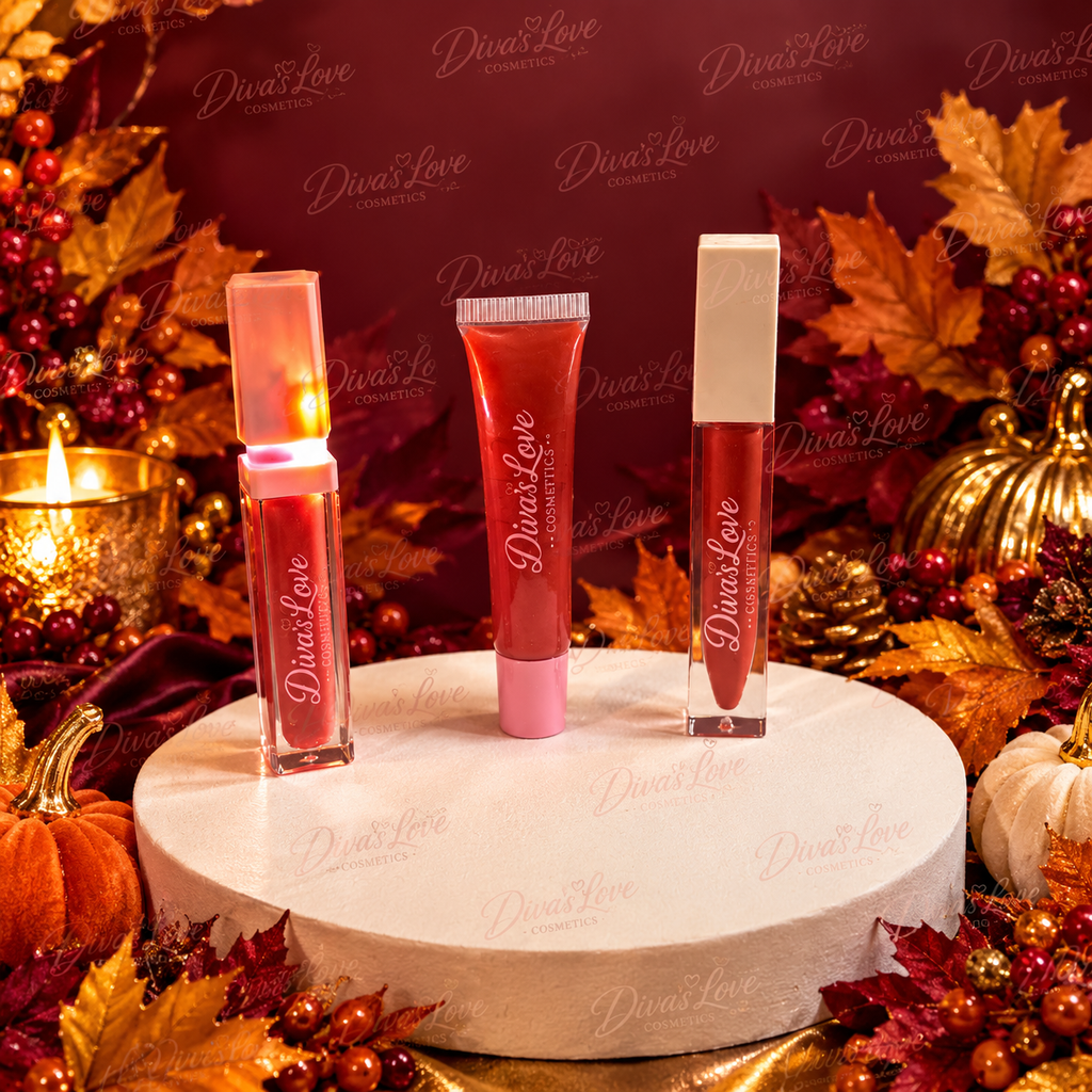 Three Diva's Love Cosmetics lip products in a fall-themed display