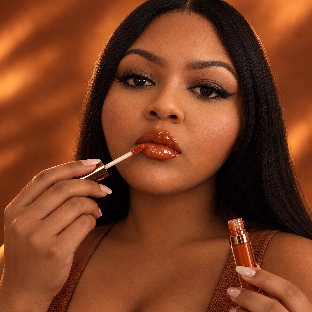 AI-edited Brunt Orange portrait holding lip gloss