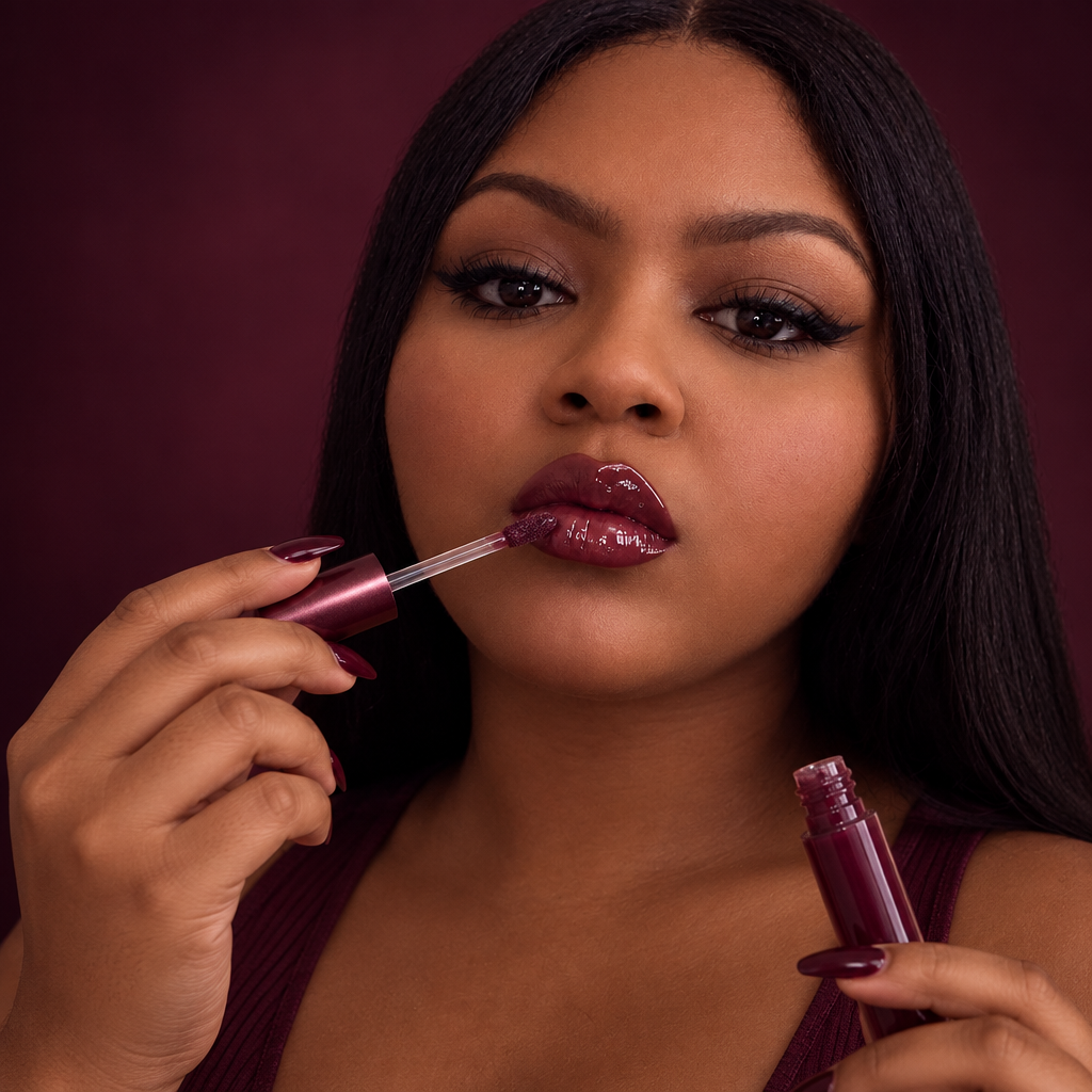 AI-edited portrait holding Diva's Plum lip gloss near lips