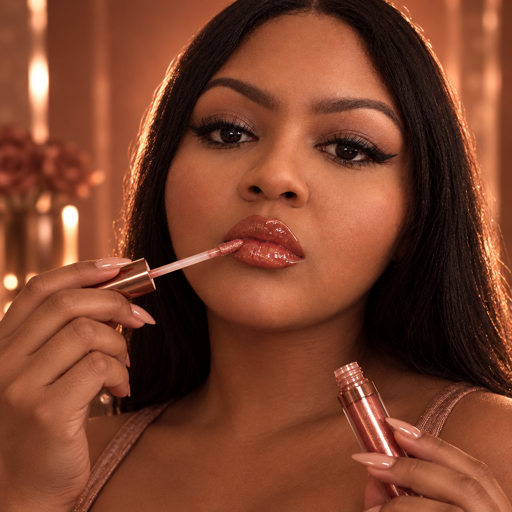 AI-edited portrait holding Rose Gold lip gloss near lips