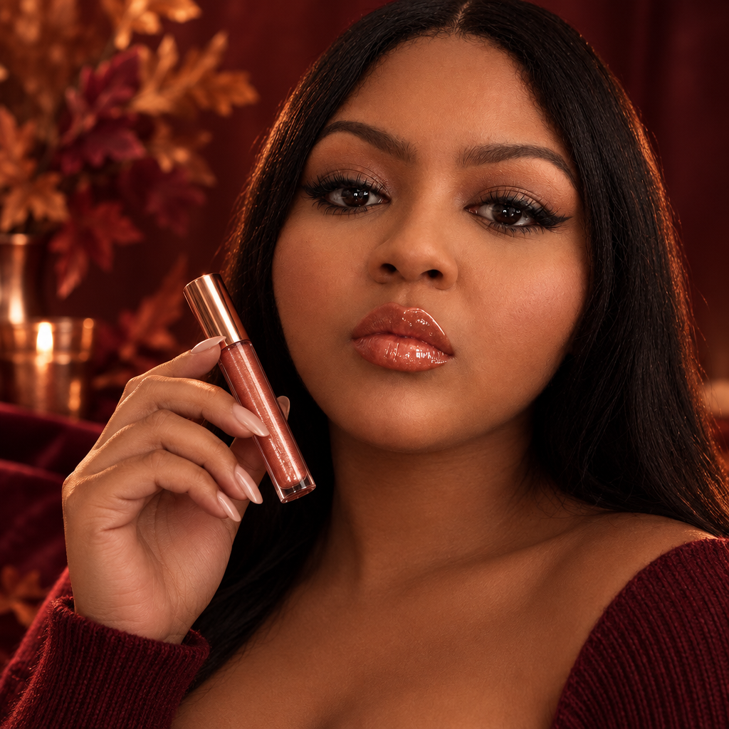 AI-edited Rose Gold lip-look portrait
