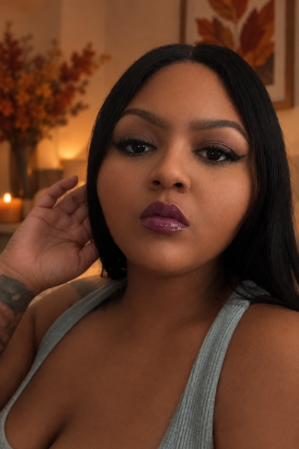 Beauty portrait wearing glossy plum lip color