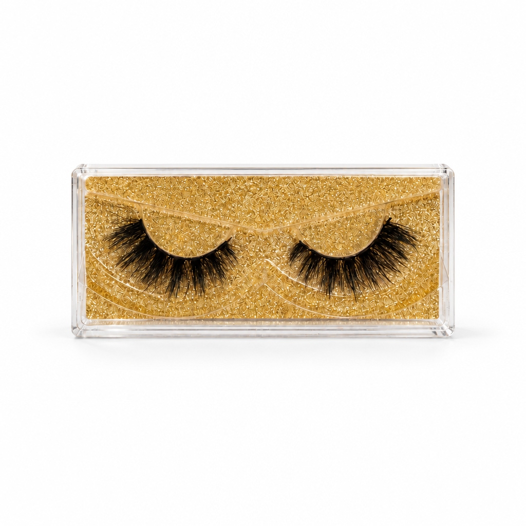Demi #74 lashes in gold case on white background, standalone product image