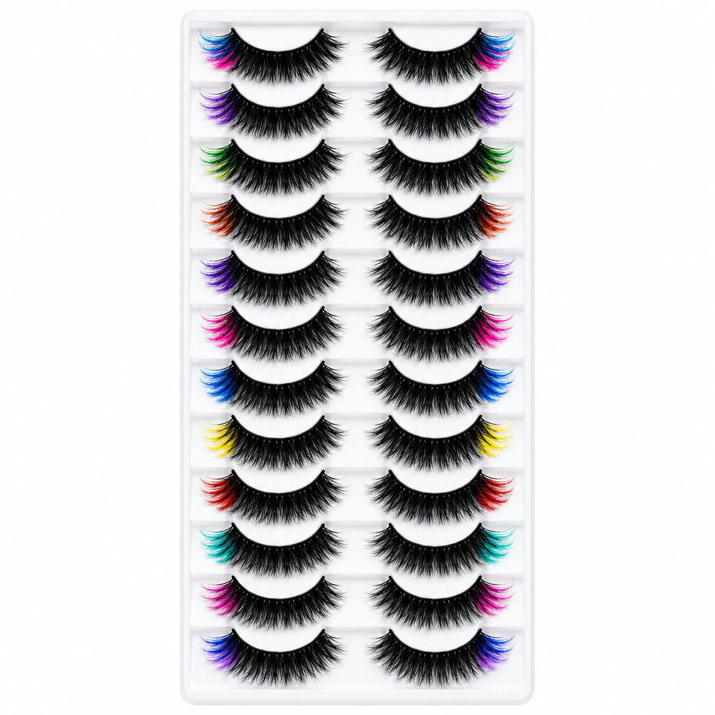 Illustrative studio image of twelve pairs of colorful lashes arranged on white
