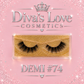 Demi #74 lashes in gold case on blush pink with silver Diva's Love Cosmetics logo