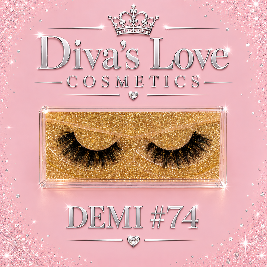 Demi #74 lashes in gold case on blush pink with silver Diva's Love Cosmetics logo