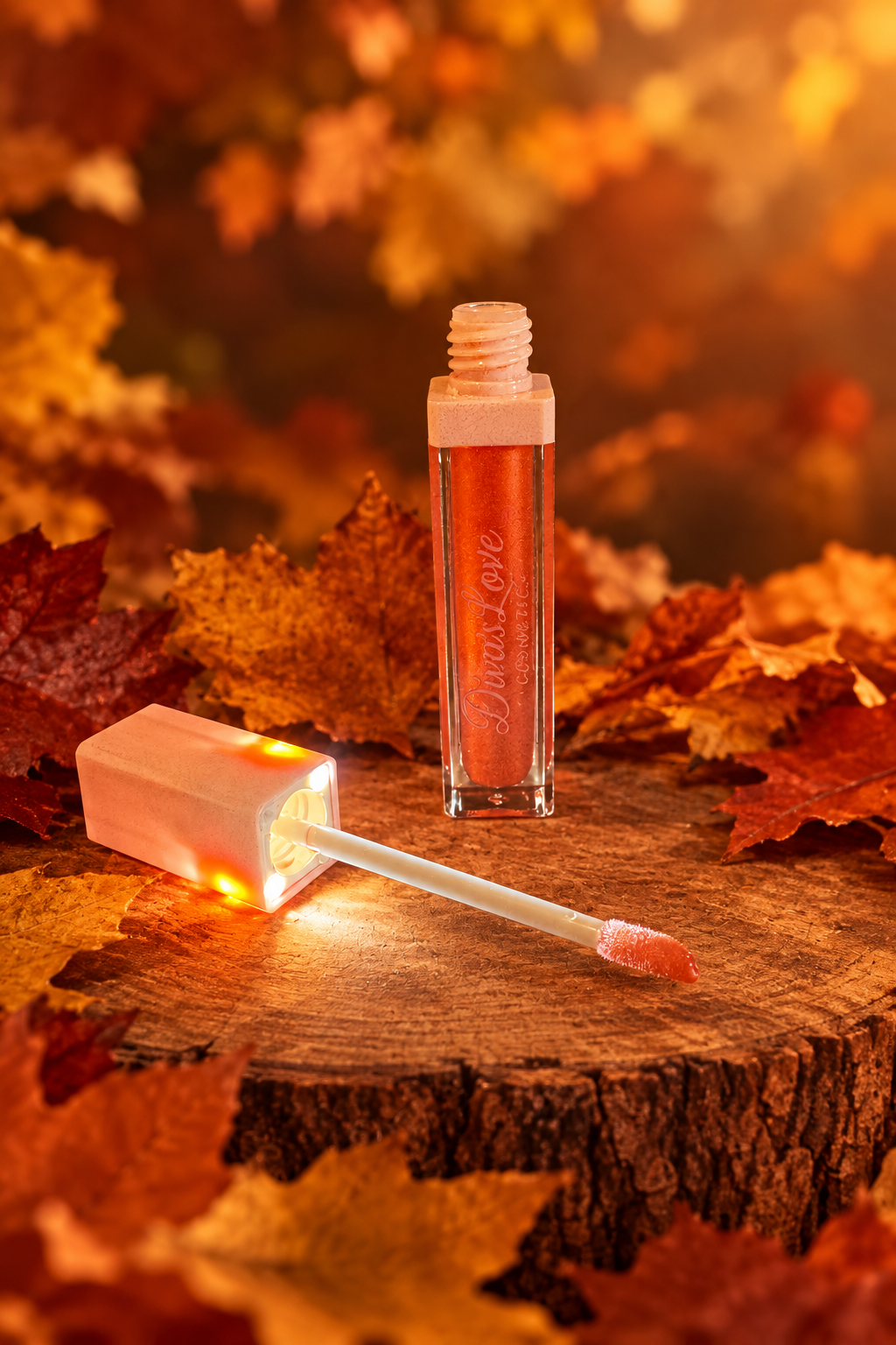 Brunt Orange Diva lip gloss with illuminated applicator against fall leaves