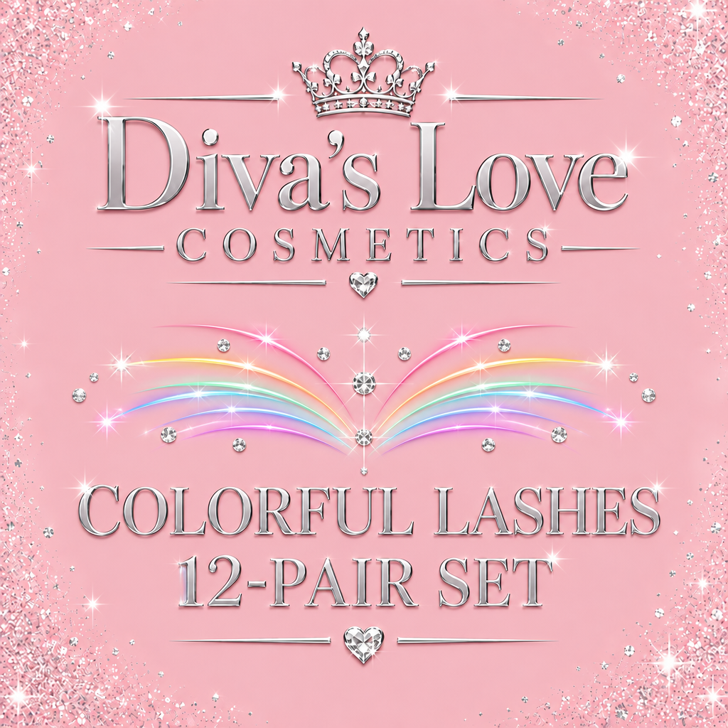Colorful lashes 12-pair set silver Diva's Love Cosmetics logo on blush pink, with rainbow accents