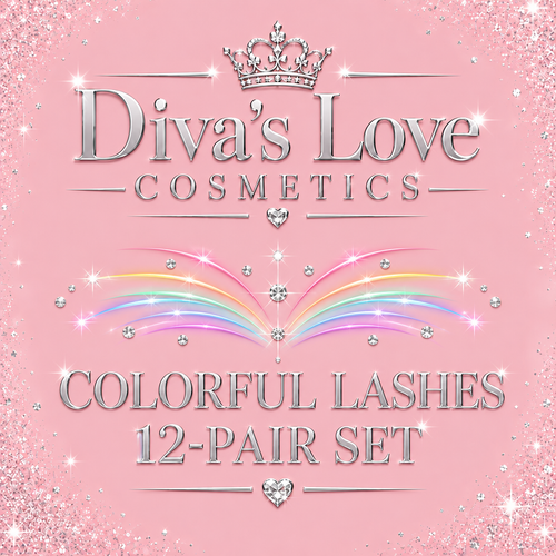 Colorful lashes 12-pair set silver Diva's Love Cosmetics logo on blush pink, with rainbow accents