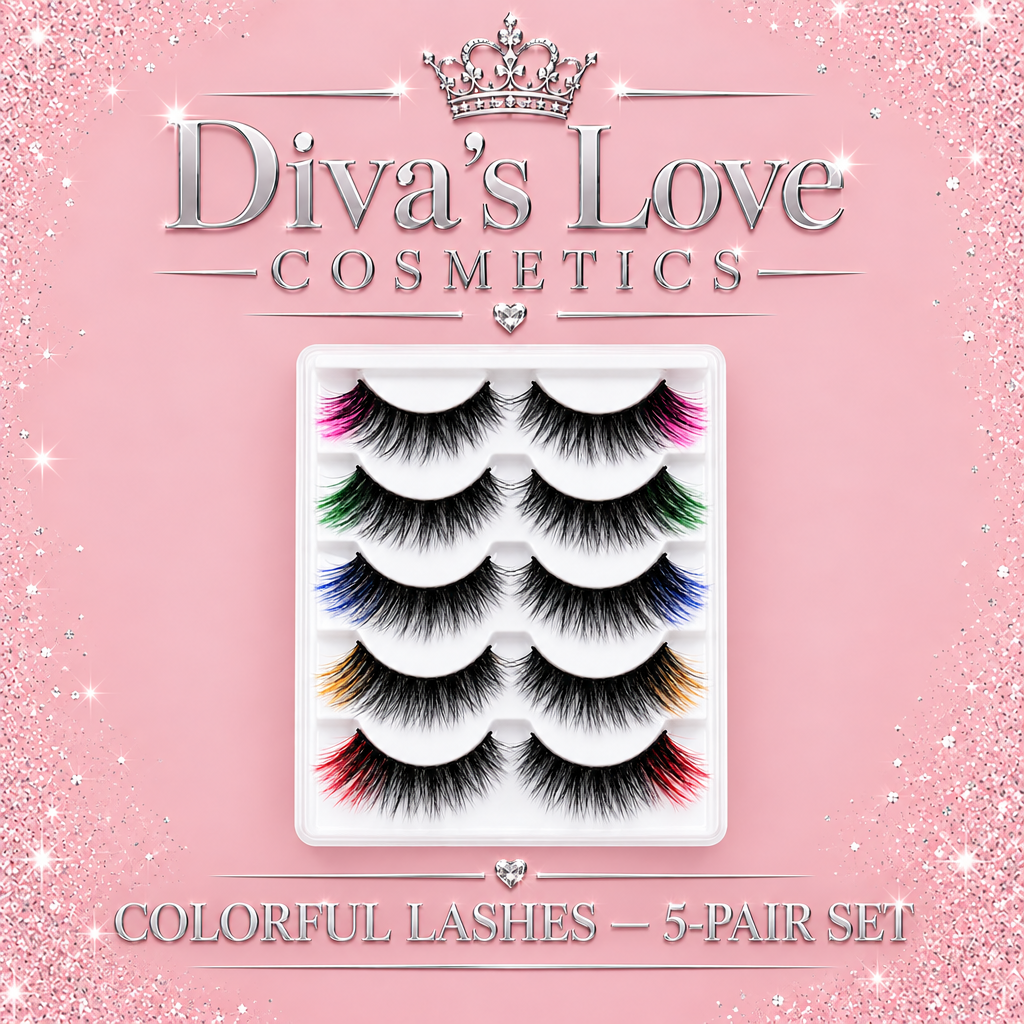 Colorful lashes 5-pair set with silver Diva's Love Cosmetics logo on blush pink