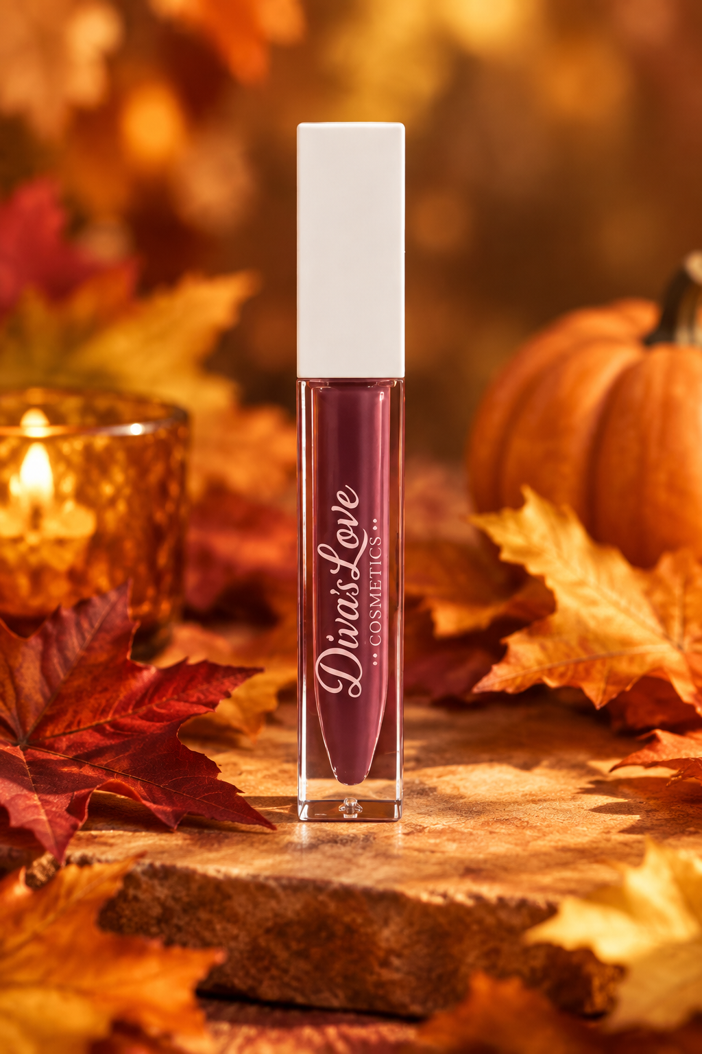 Diva's Plum lip gloss with autumn leaves and pumpkin