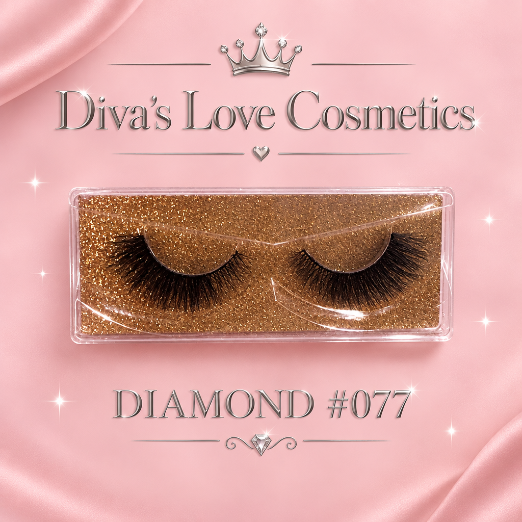 Diamond #077 eyelashes in a gold-glitter case on blush pink Diva's Love Cosmetics graphic