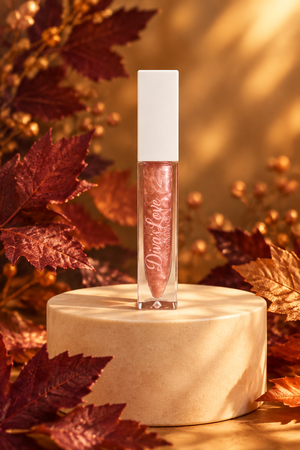 AI-edited Diva's Rose Gold regular lip gloss in an autumn display
