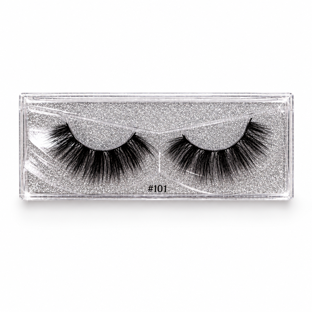 Carlie #101 lashes in silver case on white background, standalone product image