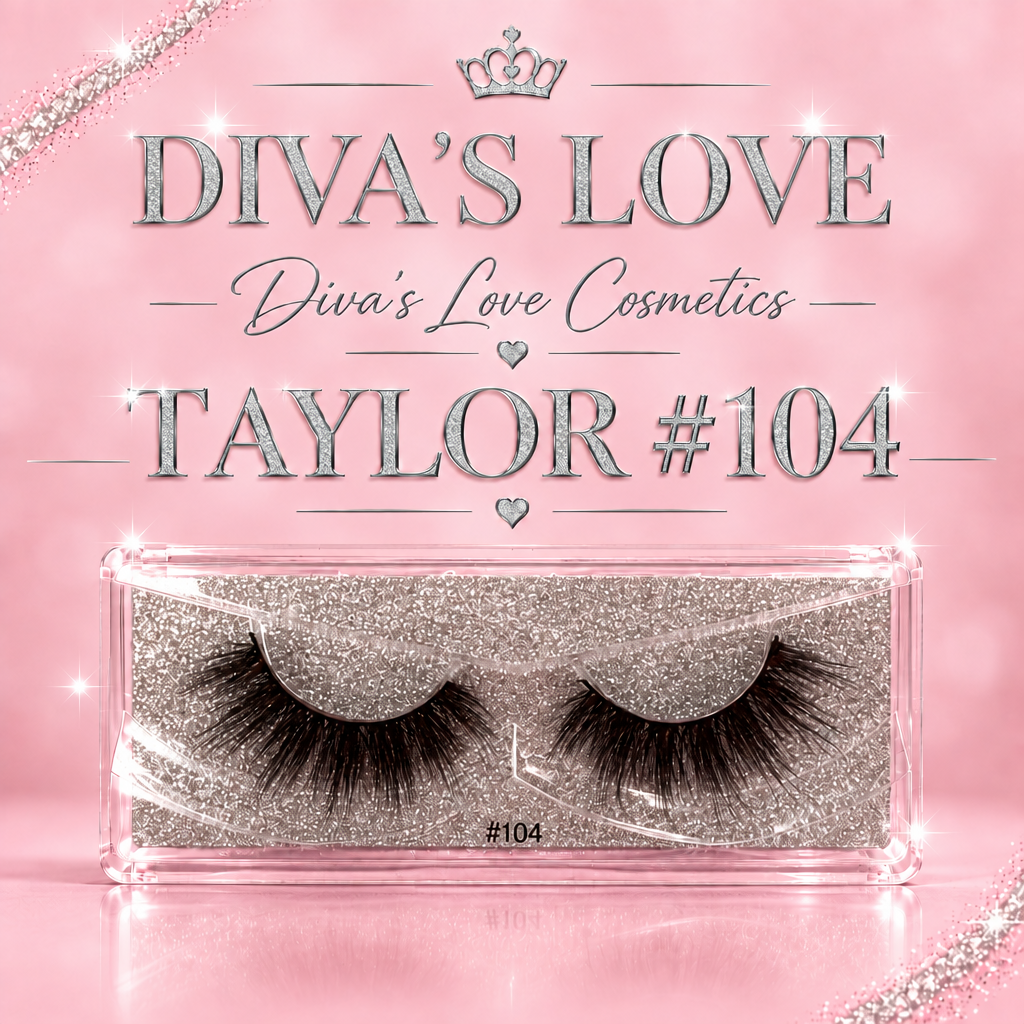 Taylor #104 lashes in silver-glitter case on blush pink Diva's Love Cosmetics graphic