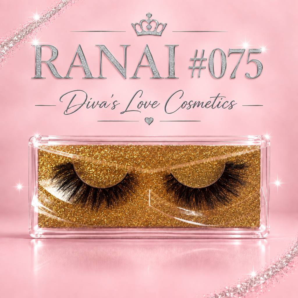Ranai #075 lashes in gold-glitter case on blush pink Diva's Love Cosmetics graphic