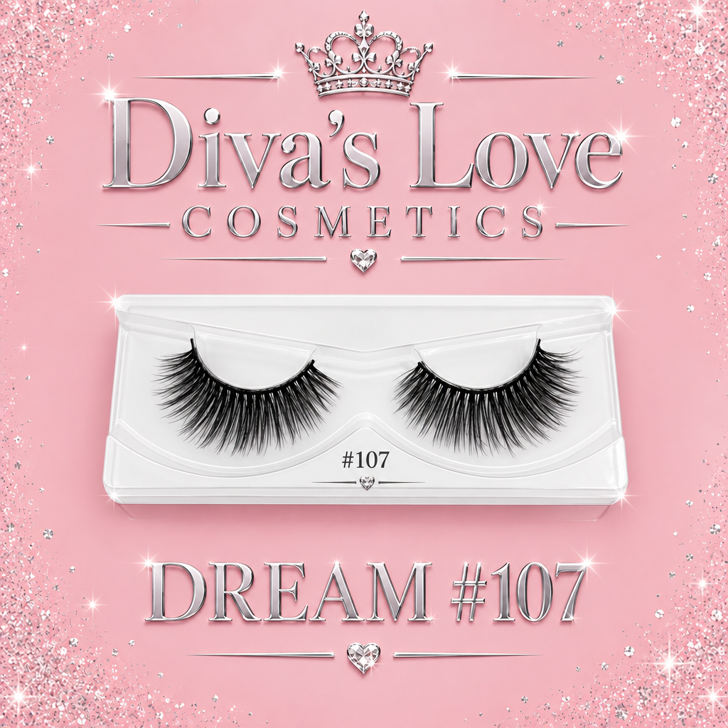 Dream #107 lashes on blush pink with silver Diva's Love Cosmetics lettering