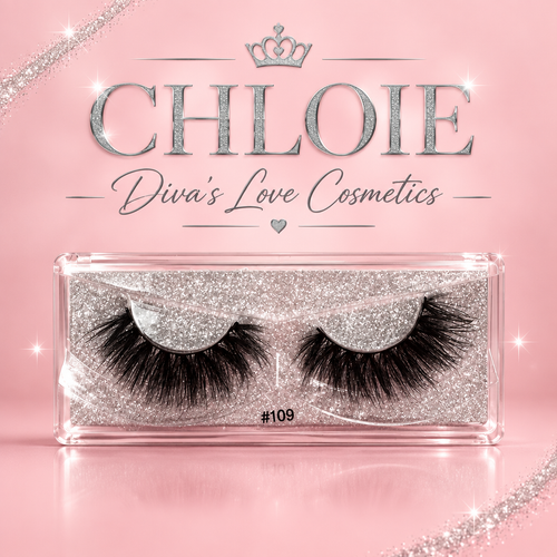 Chloie #109 lashes in silver-glitter case on blush-pink branded background