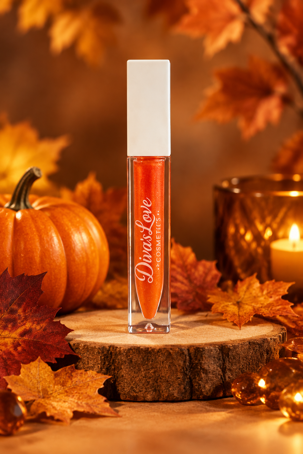 Brunt Orange Diva lip gloss with fall leaves and pumpkin