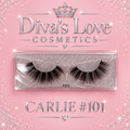 Carlie #101 lashes in silver-glitter case on blush pink Diva's Love Cosmetics graphic