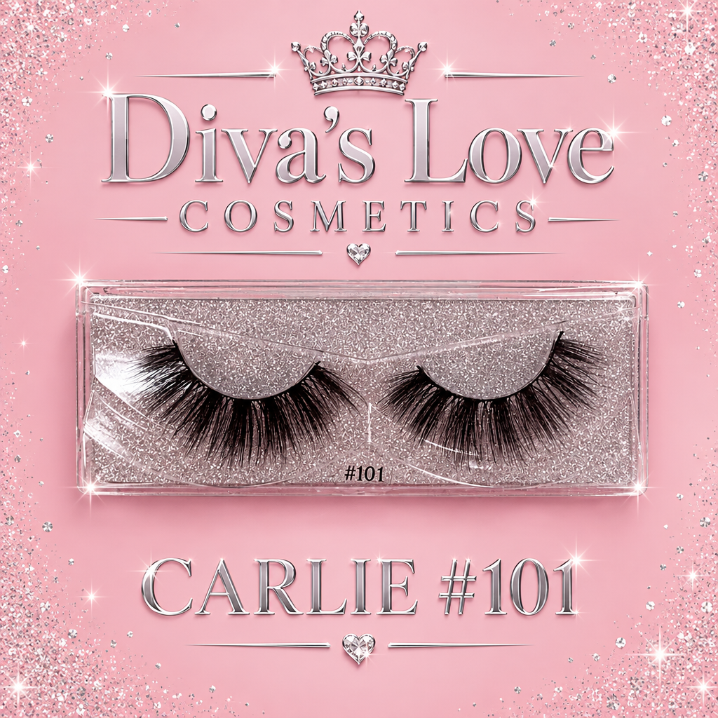Carlie #101 lashes in silver-glitter case on blush pink Diva's Love Cosmetics graphic