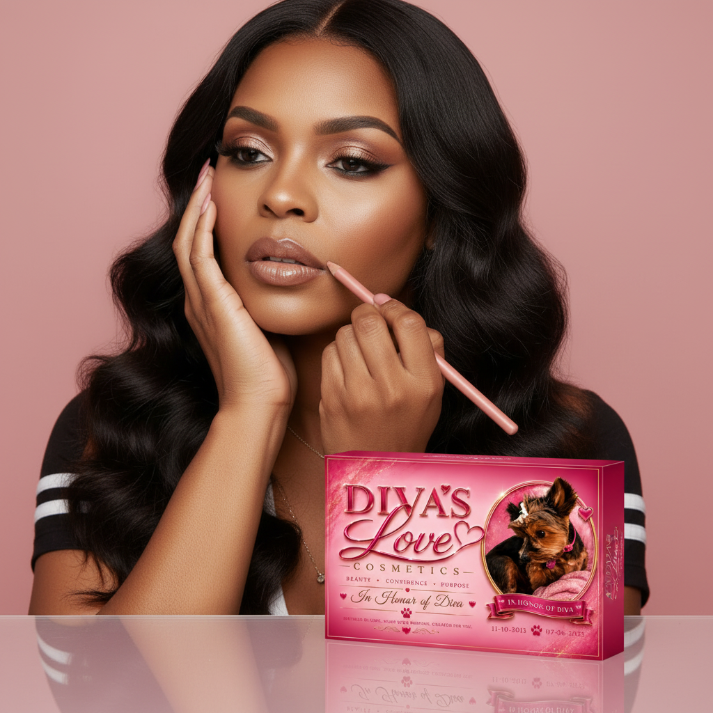 Jennifer applying lip liner with pink Diva's Love Cosmetics box