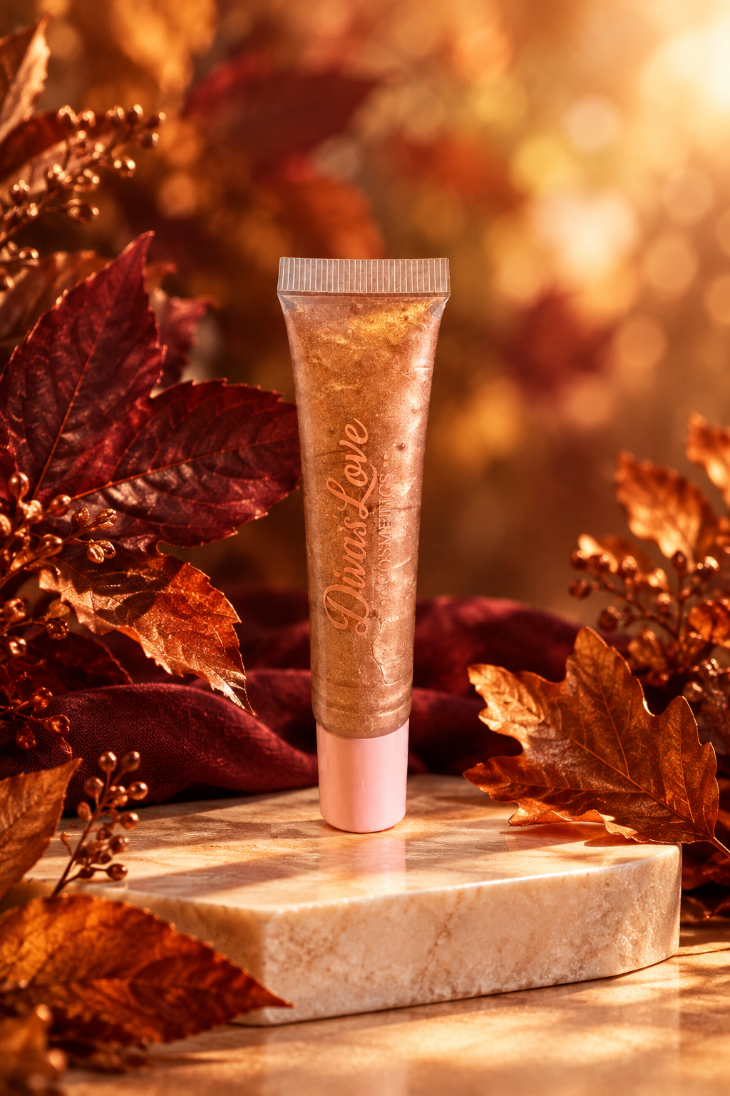 Rose Gold squeeze tube in a fall setting